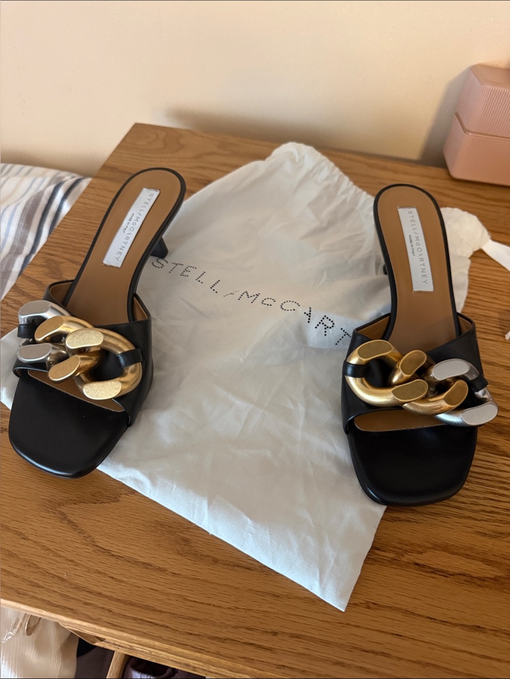 Stella McCartney Black Slide Mules with Gold & Silver Chain Accents